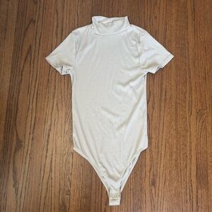 Poof New York Ribbed Mock Neck Short Sleeve Bodysuit, Beige, Size Medium